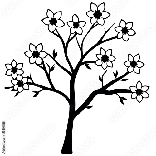 Black Silhouette Plum Tree Spring Blossoms White Background