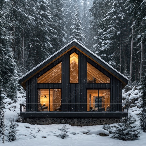 Winter Cabin Retreat Cozy Home in Snowy Forest with Warm Light