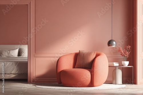 Modern cozy armchair with side table in pink minimalist interior  