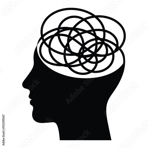 Head with tangled scribble (anxiety), Mental Health and Self Care. Silhouette of a head with tangled lines representing mental educational materials 