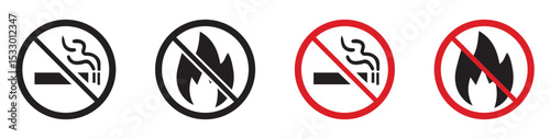no smoking sign, No smoking, forbidden no smoking and no open fire burning red sign. No open flame sign symbol., vector illustration .