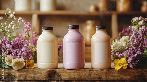 Three Flavored Milk Bottles with Blank Labels and Floral Decoration