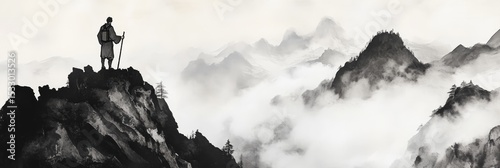 Hiker stands atop a rocky mountain peak surrounded by clouds in a monochrome landscape.