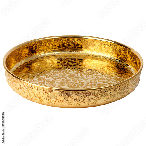 Elegant gold-plated serving tray with intricate design, luxury home decor accessory - Isolated on a white background.