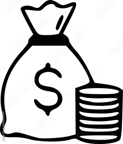 money bag icon with dollar sign, financial vector illustration, black and white isolated business concept