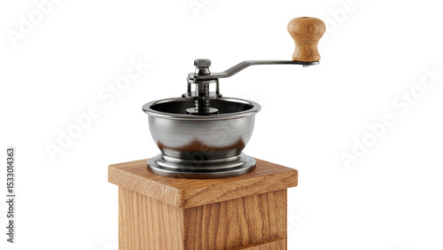 Manual coffee grinder vintage style for fresh beans isolated on a transparent background. Manual coffee grinder with wooden base and crank handle