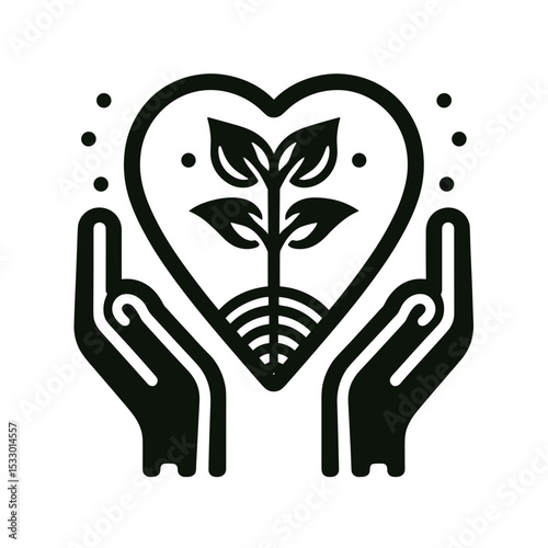 Hands holding heart with plant symbolizing care for nature  
