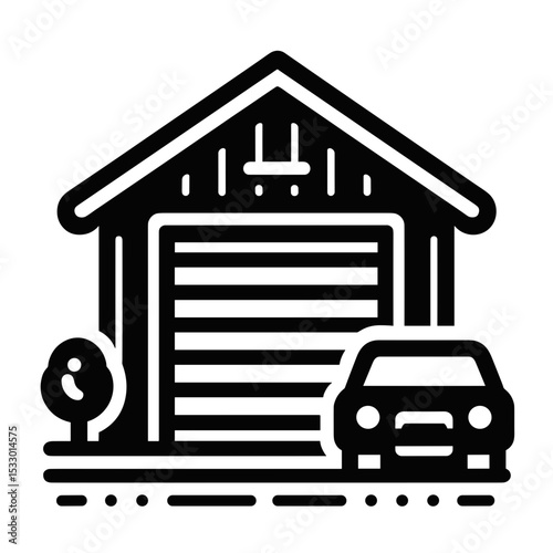 Simple garage with car and tree in front in an outdoor setting  