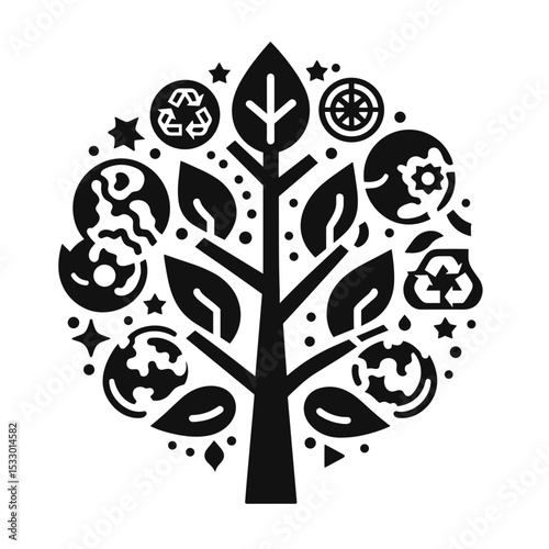 Tree illustration with recycling symbols and planets in black design  