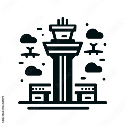 Airport control tower illustration with planes and clouds  