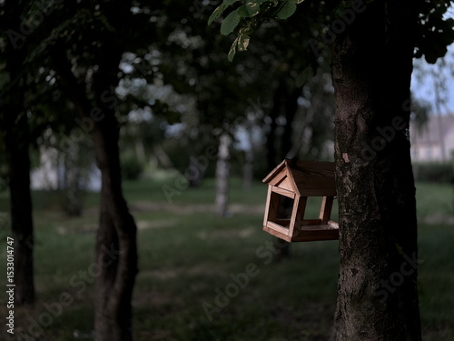 Handmade wooden birdhouse hanging on a tree trunk in a shady green park. Tranquil nature setting with a cozy, woodland atmosphere.