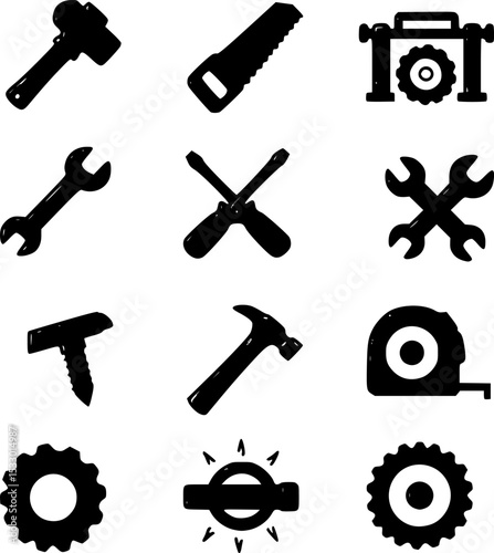 ベクターでモノクロの大工道具に関する線画アイコンセット
