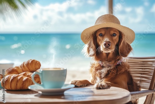Dog in straw hat enjoying coffee and croissants by the beach