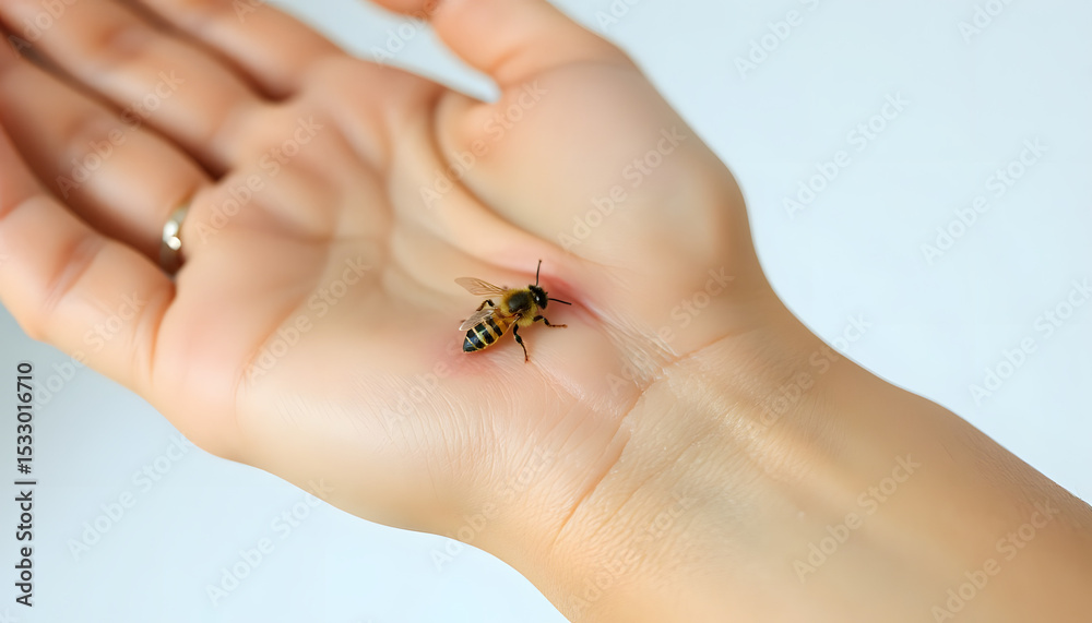 Obraz premium Close-up of a bee sitting on a person's hand with a light background