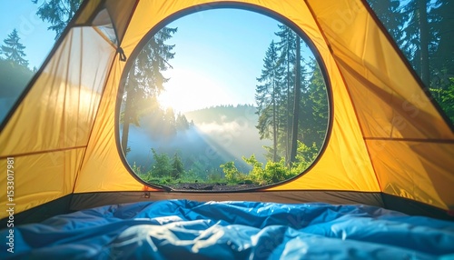 Sunrise Through Tent Flap In Lush Forest Camp
