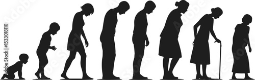 Evolution of Human Life Stages from Childhood to Old Age, Silhouette Series Depicting Growth, Aging, Development, and Physical Changes in Human Beings Over Time, Isolated on White