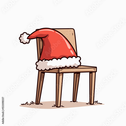 A Santa hat placed on a wooden chair, festive and cheerful, isolated on white background, copy space