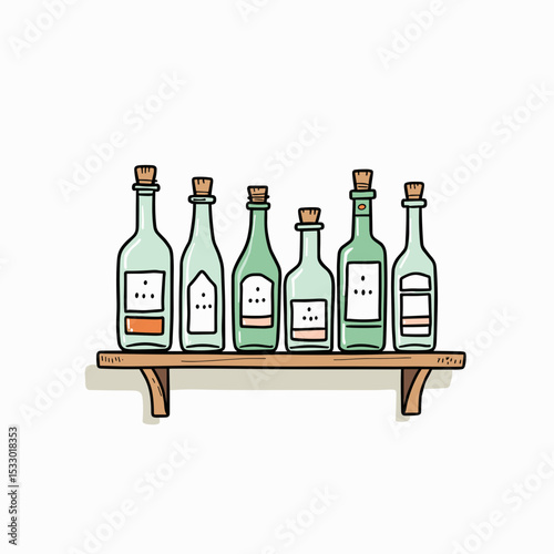 A shelf with various bottles displayed, simple and stylish, isolated on white background, copy space