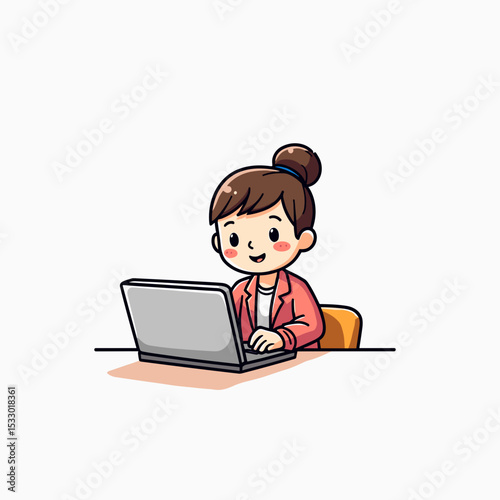 An influencer girl happily editing content on a laptop, isolated on white background, copy space