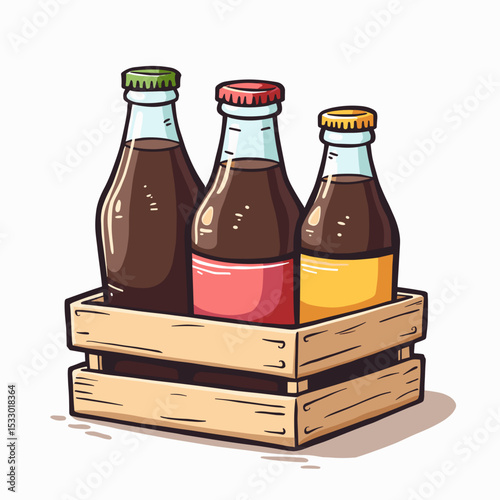 A wooden crate holding colorful soda bottles, refreshing and fizzy, isolated on white background, copy space