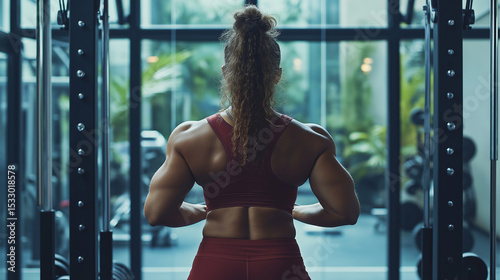 Back view of a heavyset woman strength training in an elite gym with high-tech machines, glass walls, greenery, and clean design. She appears focused, strong, and empowered.