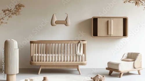 Modern minimalist nursery interior featuring wooden crib, stylish storage unit, plush seating, and decorative elements for serene ambiance