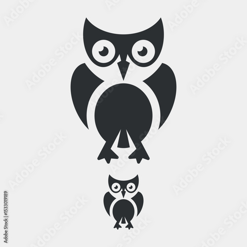 Vector logo that depicts an owl and a smaller owlet. The image is created in a minimalist, flat geometric style using simple and clean shapes.