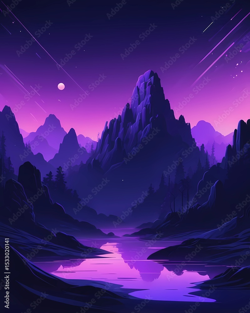 Naklejka premium Purple Mountain Valley at Night with Reflections