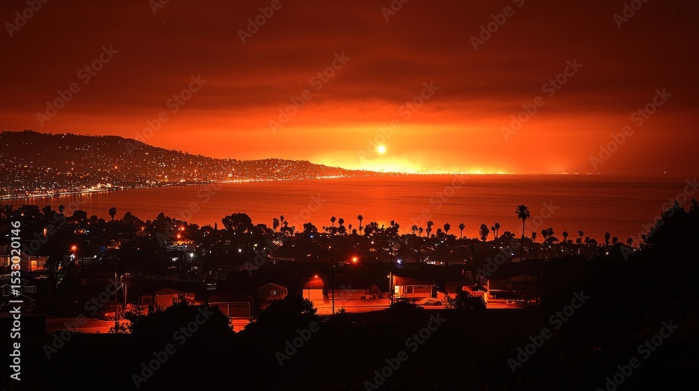 Obraz premium Fiery Sky Over Coastal City and Ocean Landscape at Night