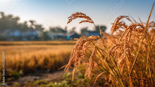 Golden rice field with ripe stalks and trees at sunset in rural farming landscape