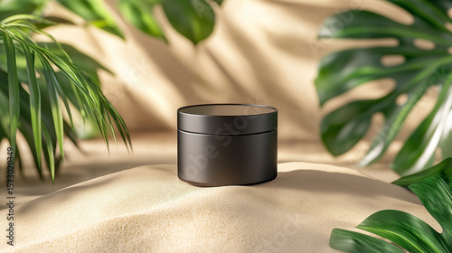 Realistic mockup of a round black matte tin with minimal labeling, set on warm beige sand with rich texture. Clean, modern aesthetic ideal for skincare or cosmetic branding.
