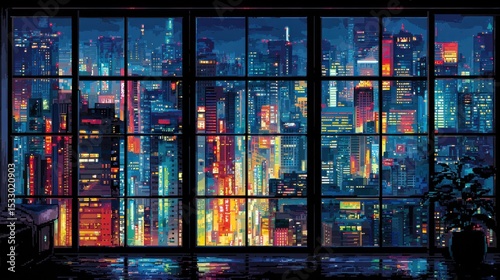 Neon-lit futuristic cityscape seen through large window in vibrant pixel art style