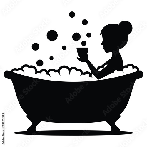Person taking a bubble bath, Mental Health and Self Care. A silhouette of a woman enjoying a bubble bath.