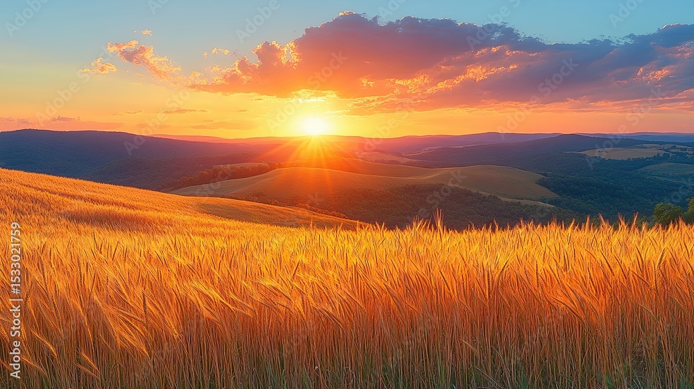 Fototapeta premium Sunset behind rolling hills covered in golden wheat swaying gently in summer breeze.