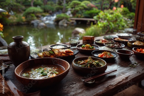 Traditional Asian meal with colorful dishes served in bowls on wooden table