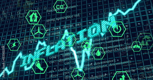 Displaying glowing turquoise CLIMATE RISK letters and chart on dashboard, hex icons and code