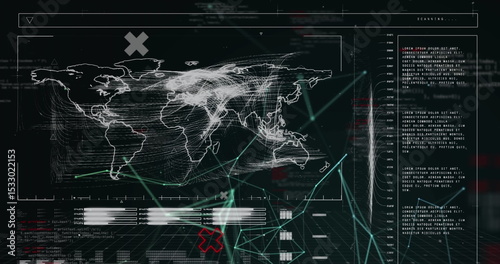 Displaying network traffic on wireframe world map in simulated dashboard, with curved flow lines