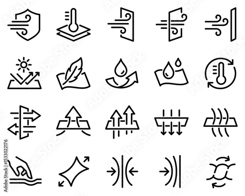 Simple Set of Fabric Properties Related Vector Line Icons. Contains such Icons as Stretching, Windproof, Breathable and more.
