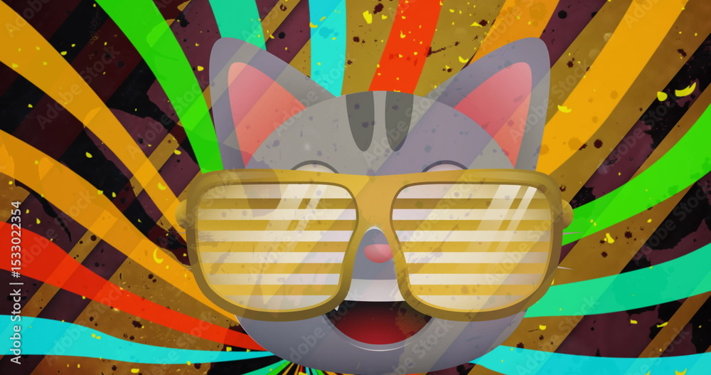 Obraz premium Cartoon cat head wearing oversized slatted sunglasses in illustration with colorful rays, splatter