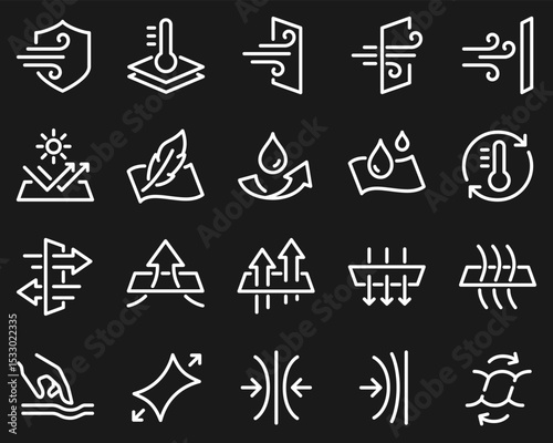 Simple Set of Fabric Properties Related Vector Line Icons. Contains such Icons as Stretching, Windproof, Breathable and more.