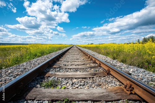 Railroad tracks running through vibrant sunflower field under bright summer sky
