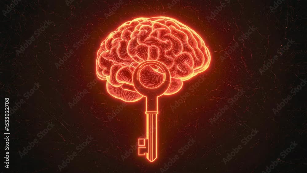 A glowing brain with a keyhole and key symbolizes unlocking the mind or accessing knowledge, set against a dark background.
