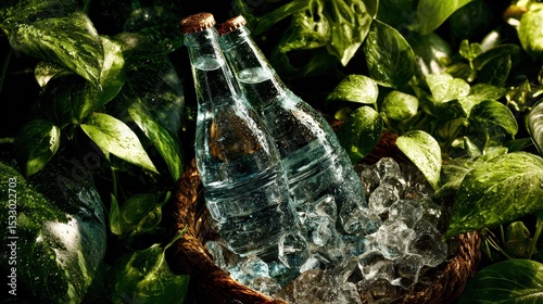 Glass water bottles with condensation in ice bowl surrounded by tropical foliage