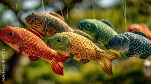 Bright koi fish kites with detailed fabric patterns hanging outdoors in sunlight