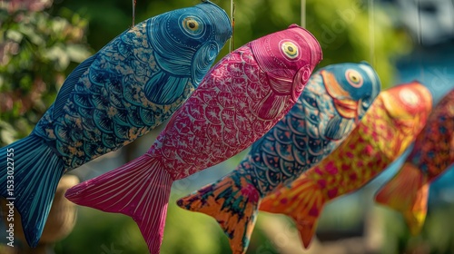 Bright koi fish kites with detailed fabric patterns hanging outdoors in sunlight