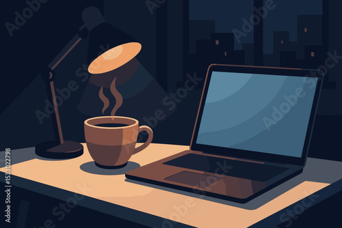 Cozy night workspace with laptop cup of tea and lamp in dark room with city lights