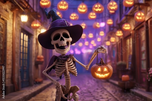 A skeleton is holding a pumpkin. The scene is set in a street with Halloween decorations