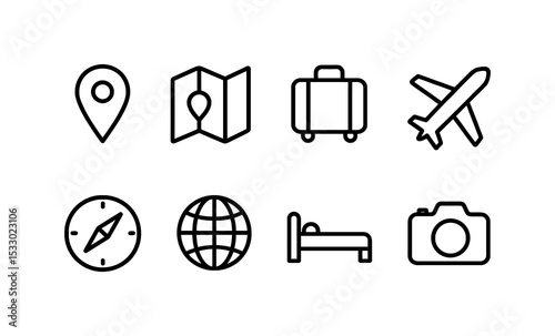 Travel and tourism line icons set with map, suitcase, airplane, compass, camera, hotel. Vector template.