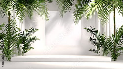 Tropical display with palm fronds and a white platform. Ideal for showcasing products or presentations in a bright, nature-inspired setting.