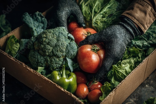 Gloved hands arranging fresh broccoli, tomatoes, and bell peppers in cardboard box